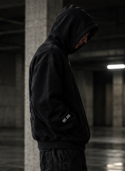 GRIPT FW26 Oversized Hoodie worn hood up, side view