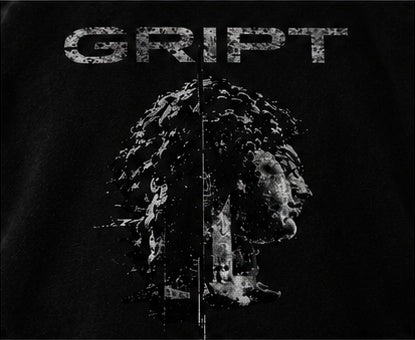 GRIPT wordmark and statue graphic on the back of the FW26 hoodie