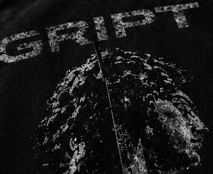 Close-up of the distressed statue graphic on the GRIPT FW26 hoodie